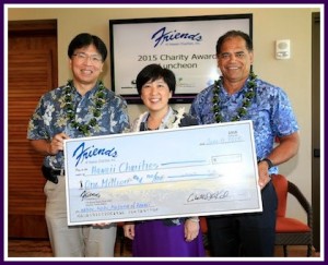 Photo of Shusuke Oshima, President, Sony Hawaii Company; Gailene Wong, Grants Director, The Harry & Jeanette Weinberg Foundation, Inc.; Corbett A.K. Kalama, President, Friends of Hawaii Charities, Inc.