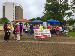 Photo of woman holding banner that says, "Maui Lions Club White Cane Day"