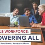 Photo of individuals gathered around computers talking. Text reads: "America's Workforce: Empowering All"